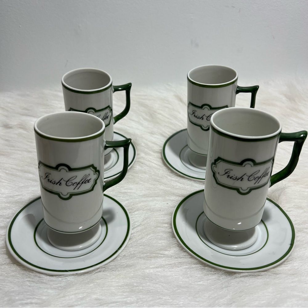 Vintage Knobler Japan White & Green Irish Coffee Mug/Saucer -- Set‎ of 4 - Picture 4 of 9